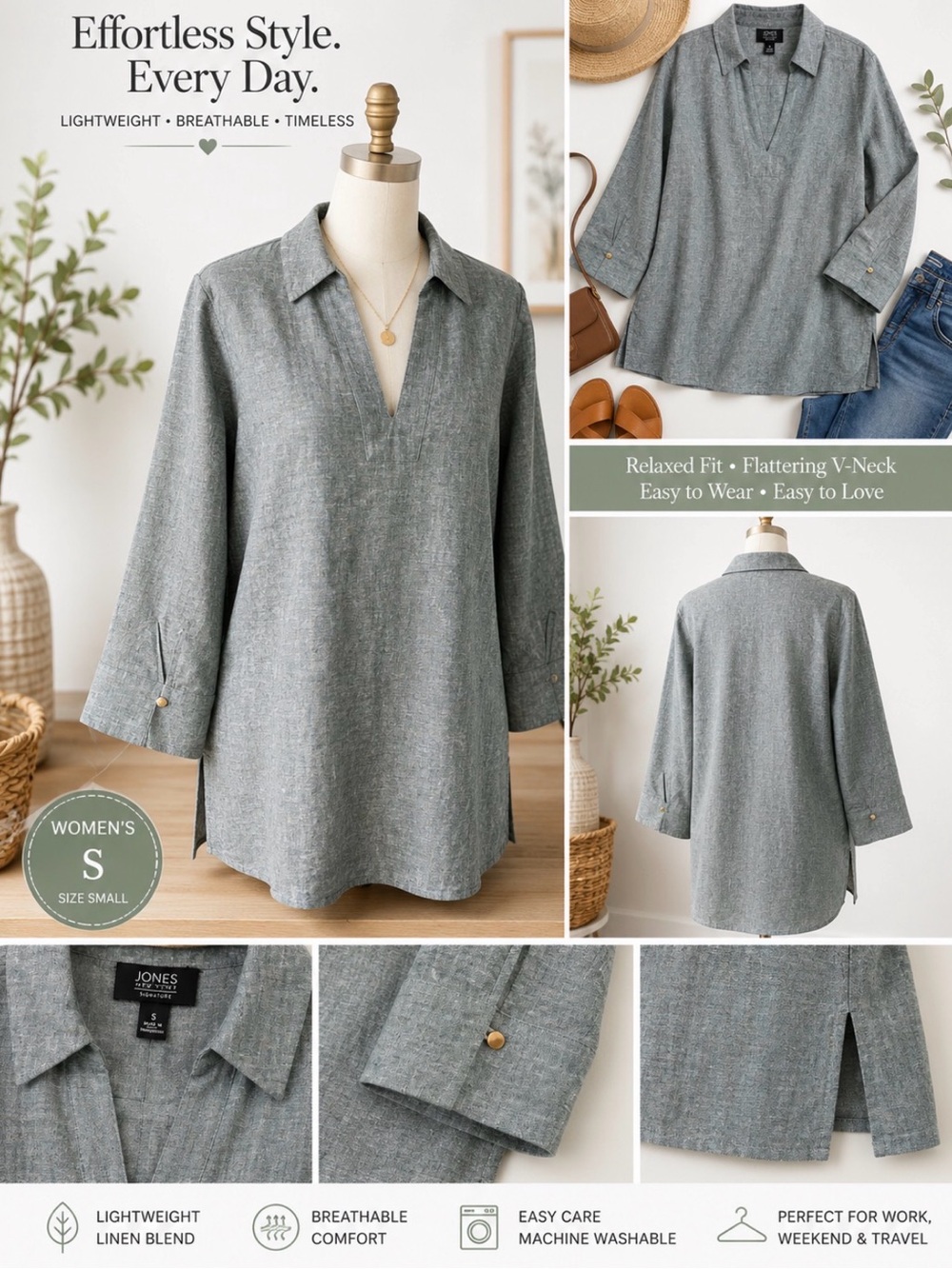 Jones New York Signature Sage V-Neck Linen-Blend Tunic with gold tone buttons